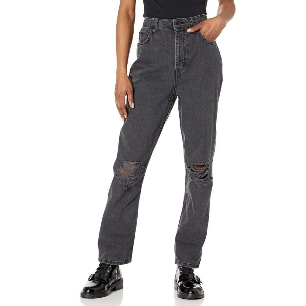 AFRM Dex Boyfriend Relaxed Fit Button Fly Black Distressed High-Rise Jeans 30x27